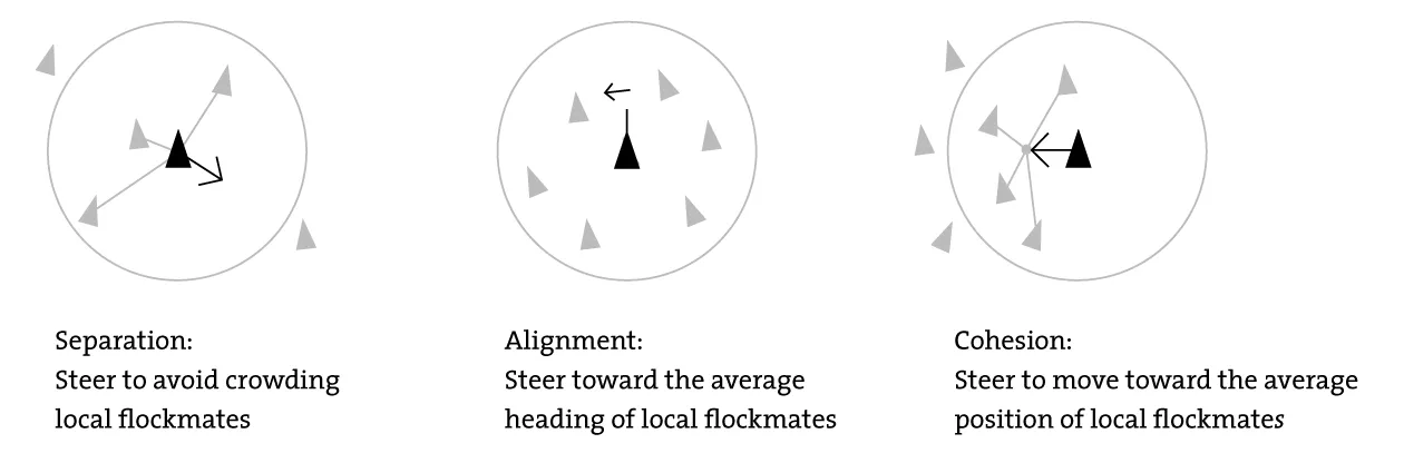 Panel C — Boids rules: separation, alignment, cohesion Panel C: the three Boids rules