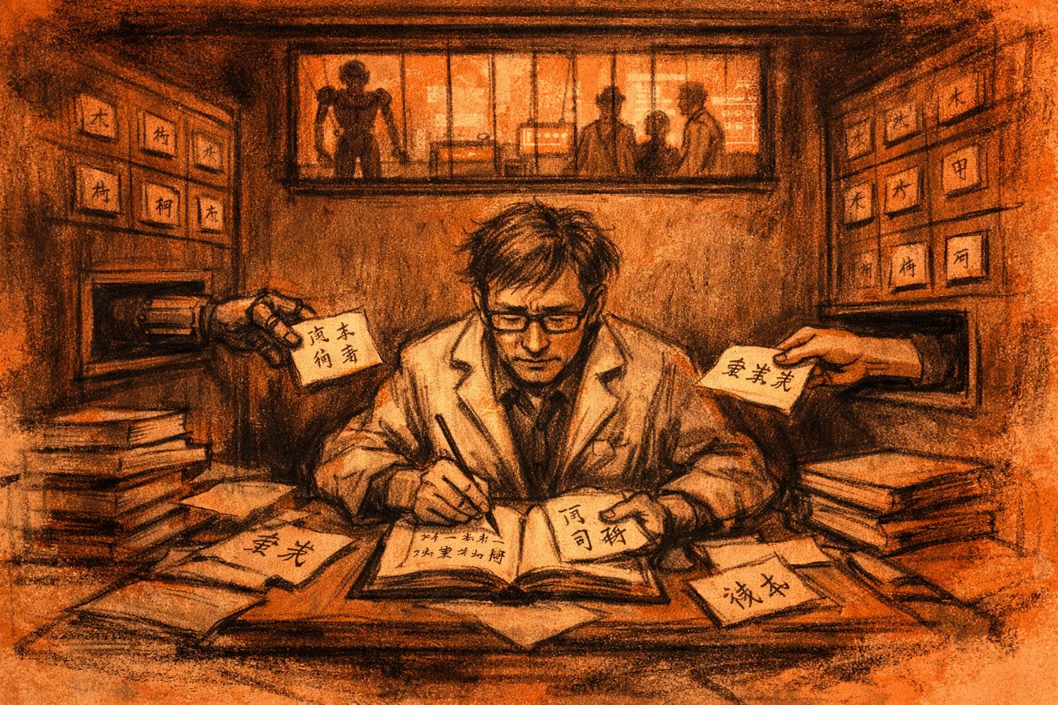 A stylized depiction of the Chinese Room thought experiment