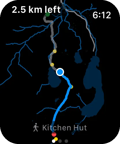 The watch map page showing the route over extracted streams and lakes