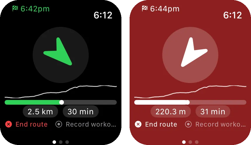 The guidance page in its normal green state next to the red off-route state